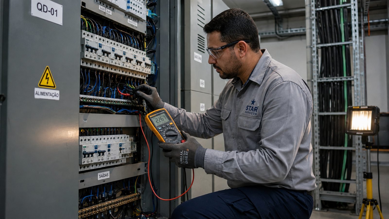 Técnico da Star medindo tensão em um quadro elétrico predial