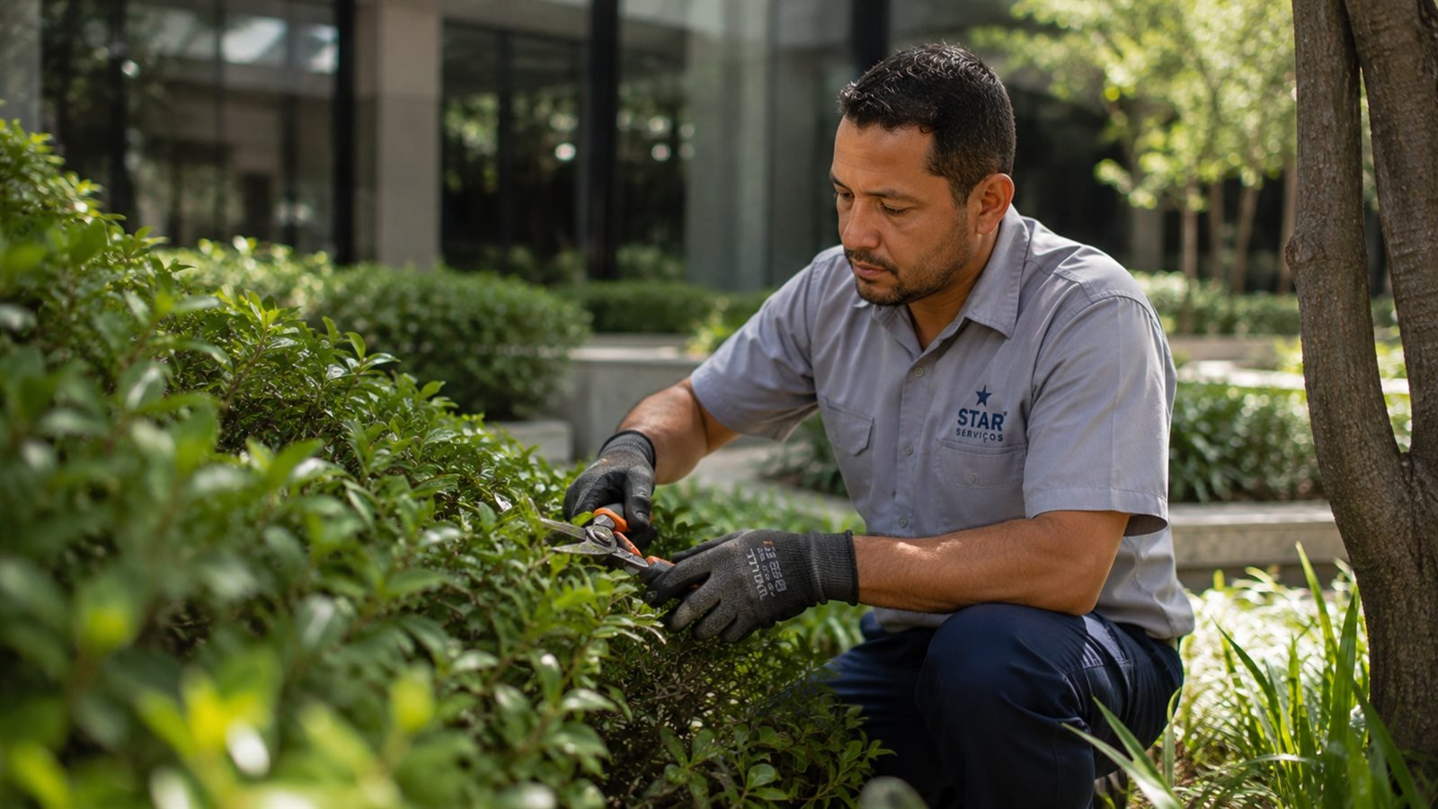 Jardineiro da Star podando arbustos no jardim de um edifício corporativo