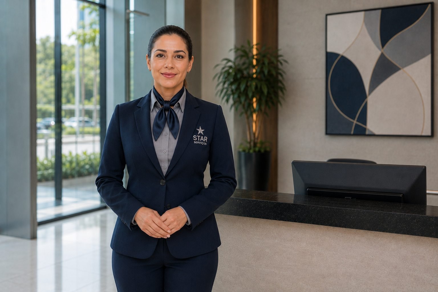 Recepcionista da Star no balcão de atendimento de um lobby corporativo