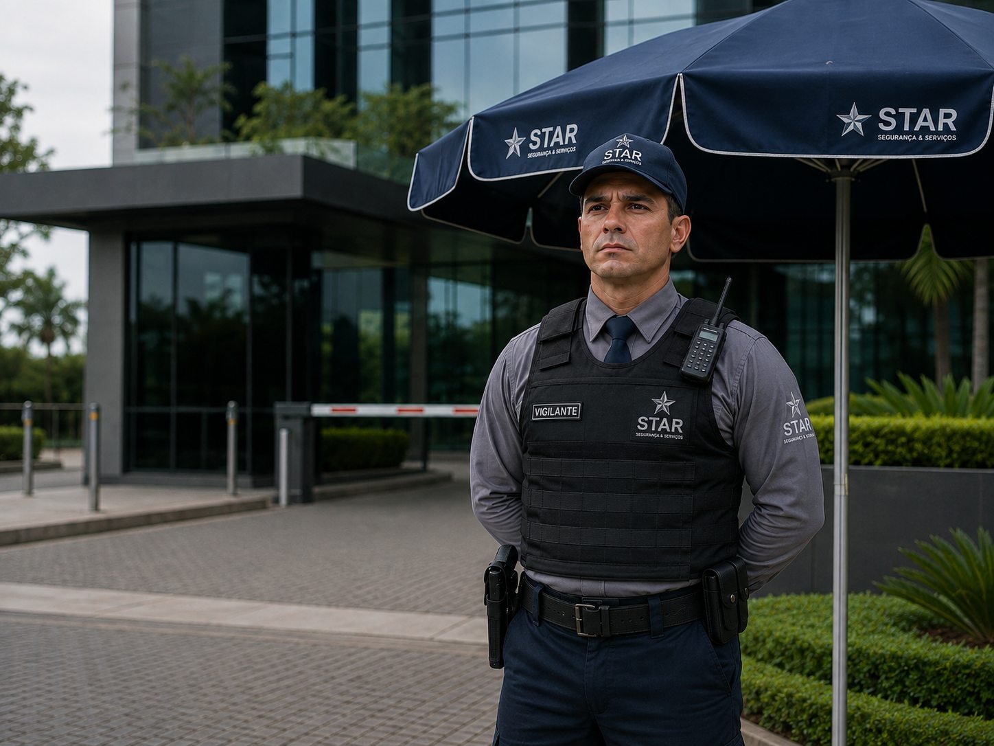 Vigilante da Star em posto de trabalho na entrada de um edifício corporativo