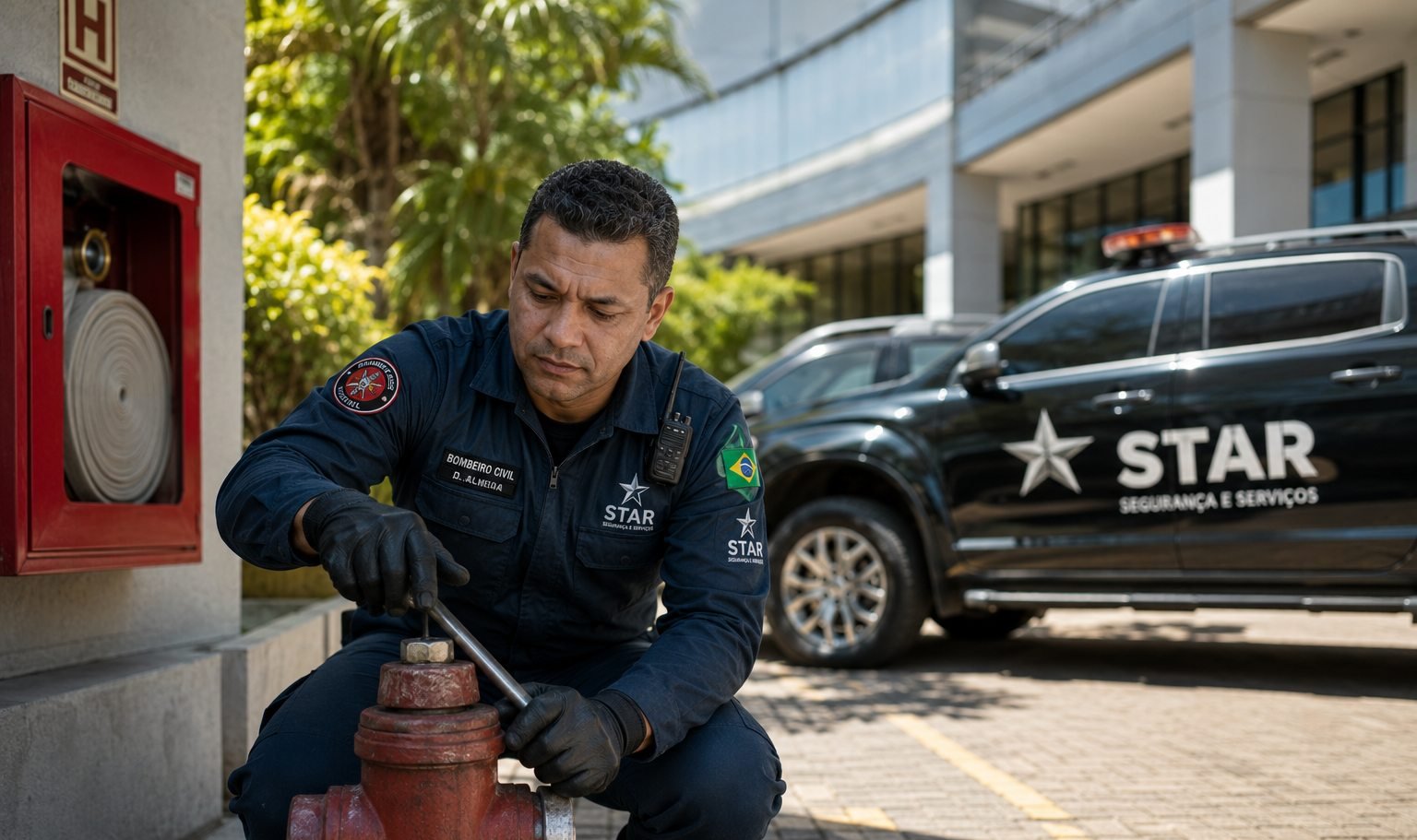Bombeiro civil da Star inspecionando um hidrante ao lado de veículo da empresa