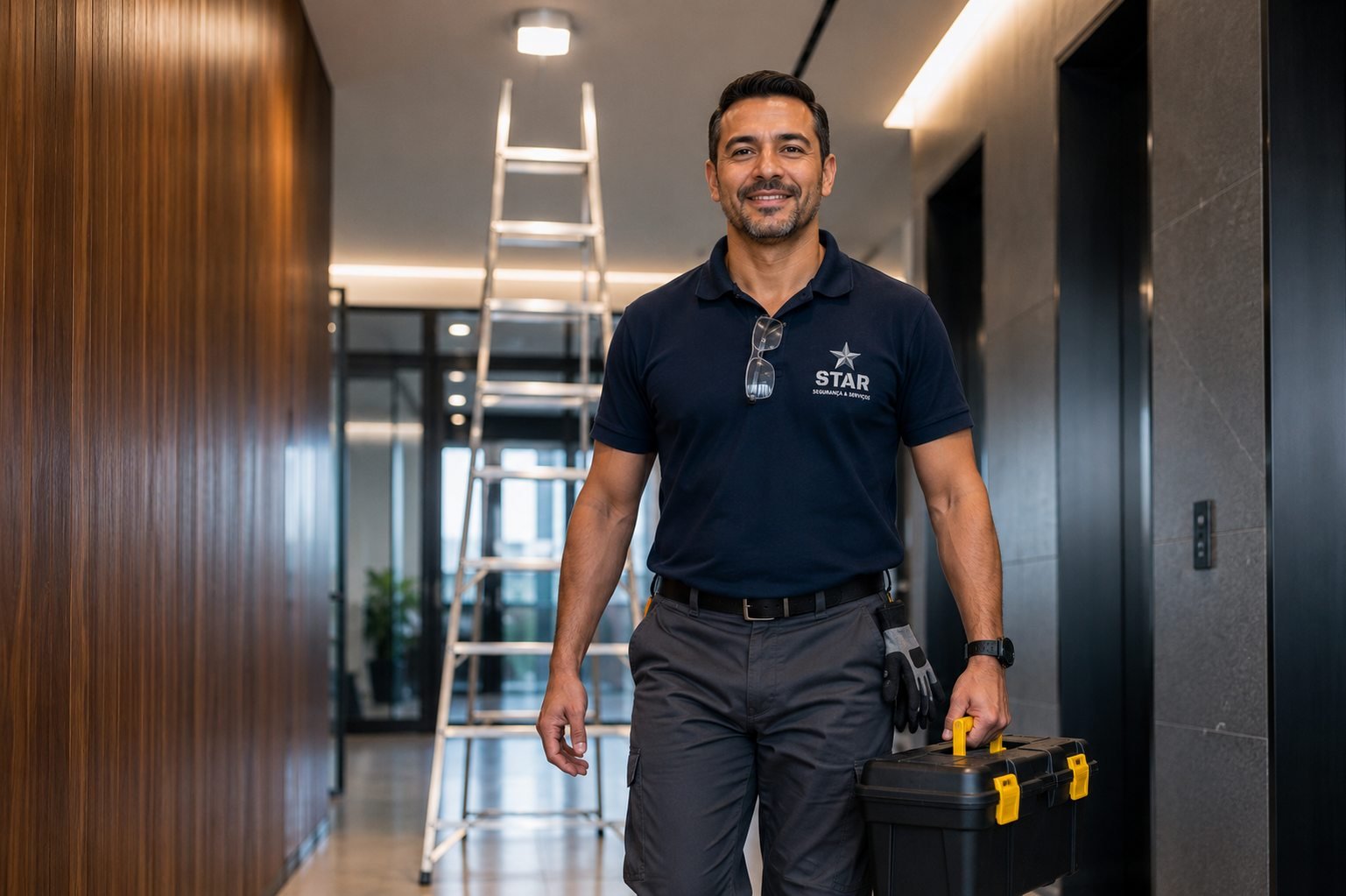Técnico de manutenção da Star circulando com caixa de ferramentas em corredor de edifício