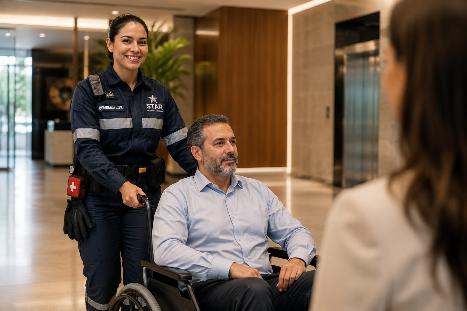 Bombeira civil da Star acompanhando um visitante em cadeira de rodas no lobby de um edifício