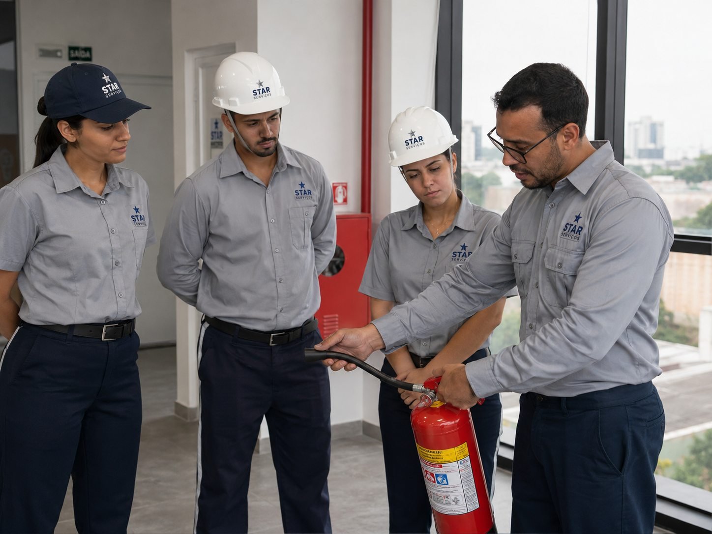 Instrutor demonstrando o uso do extintor durante treinamento de brigada de incêndio