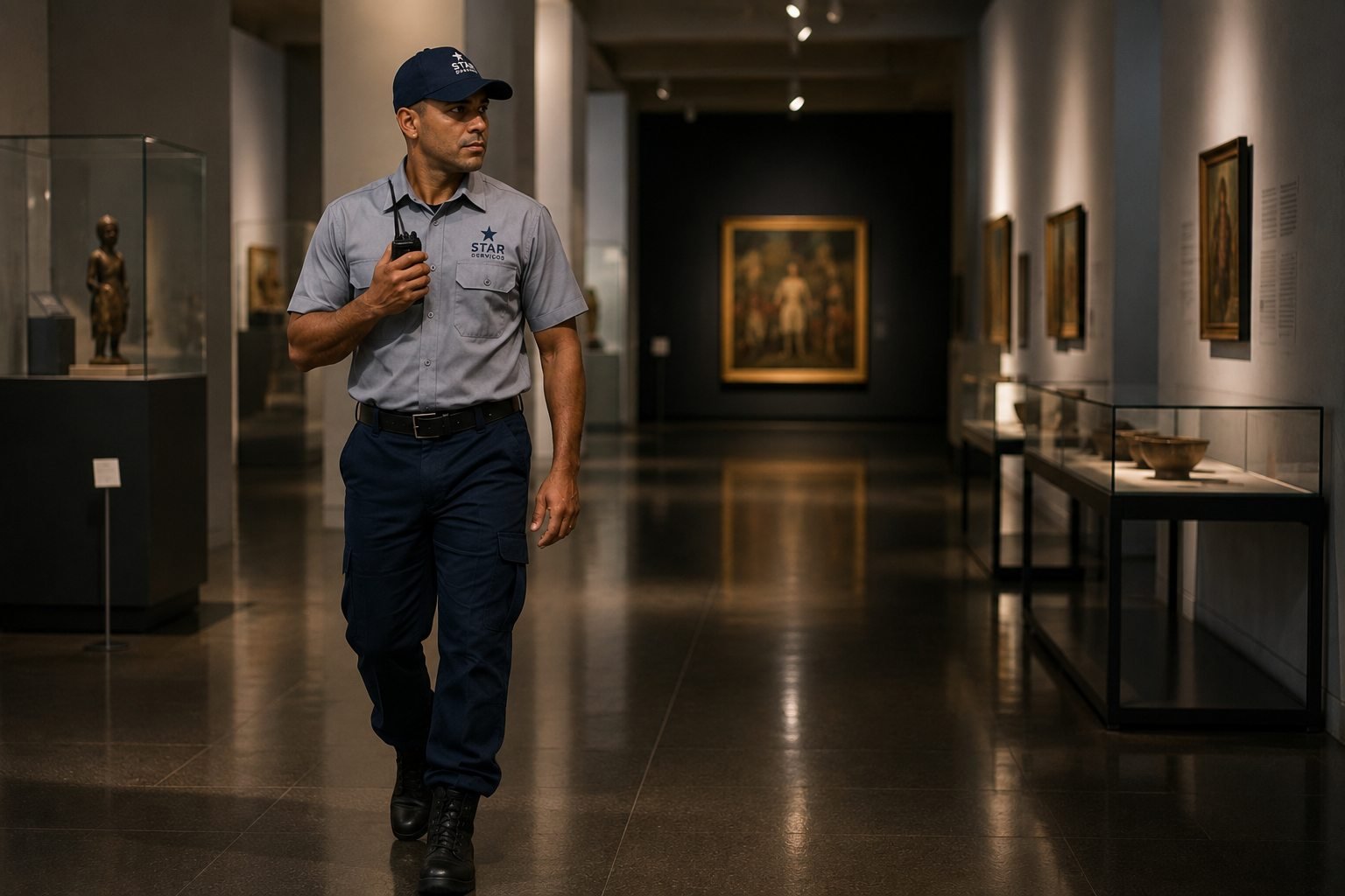 Vigilante da Star fazendo ronda em uma galeria de exposições