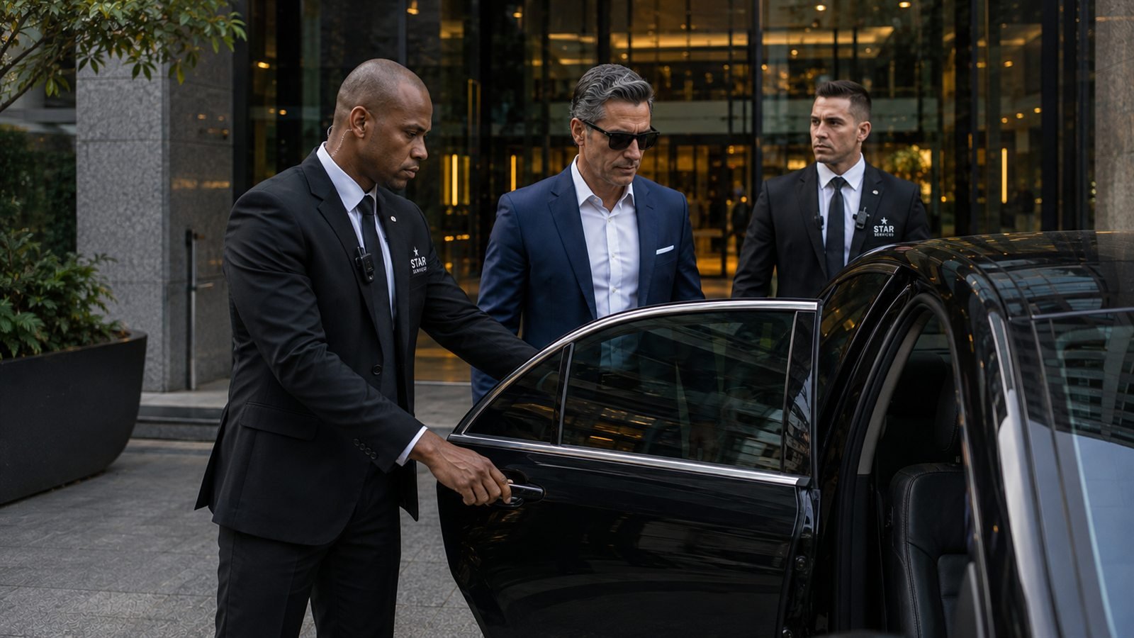 Agentes de segurança pessoal da Star acompanhando um executivo até o veículo